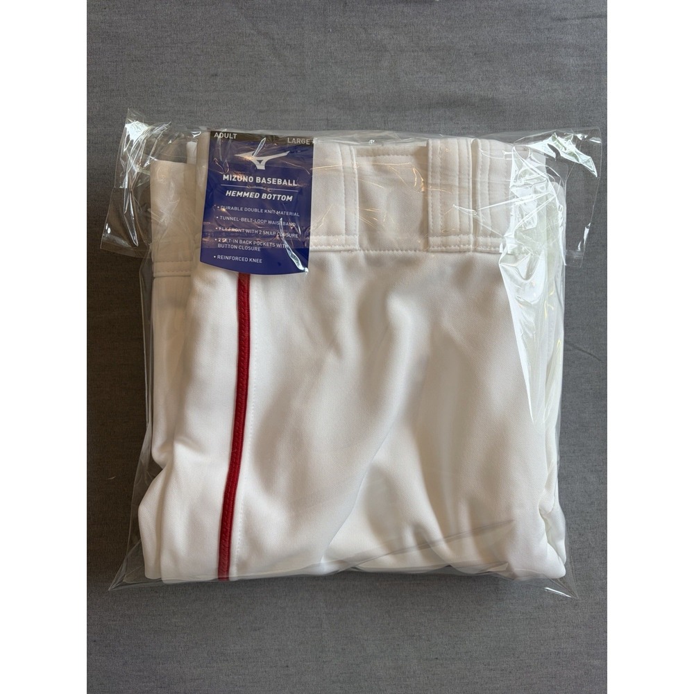 NWT Mizuno Baseball Pants Adult Large Double Knee Hemmed Bottom White New Red